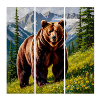 Brown Bear in a Mountain Meadow Triptych