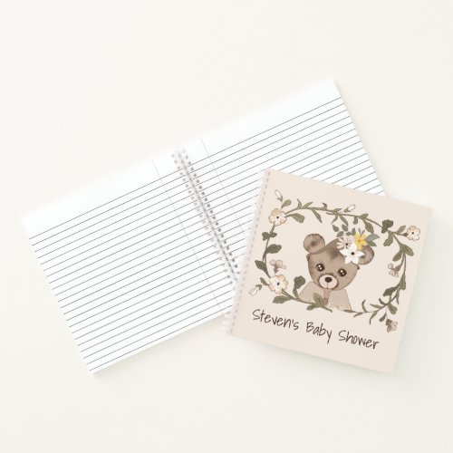 Brown Bear In Floral Frame Baby Shower Guestbook Notebook