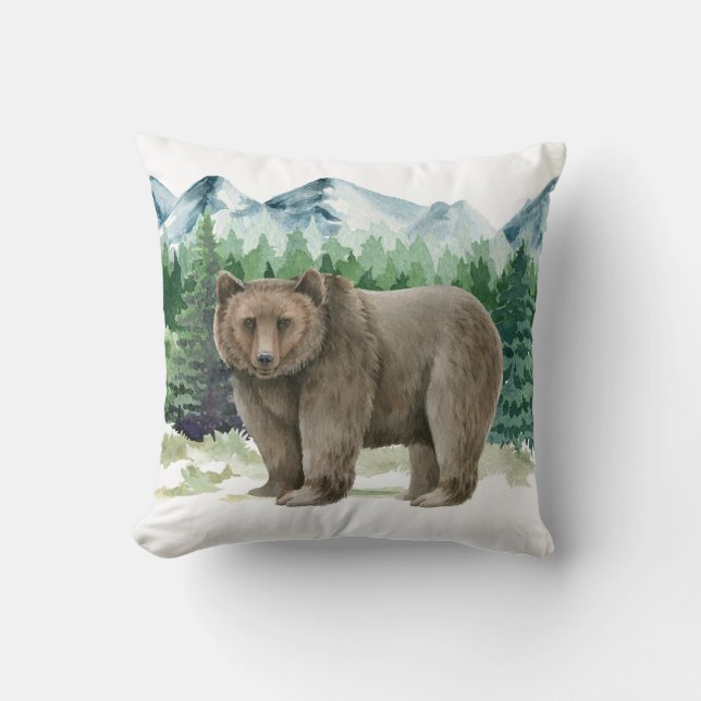 Brown Bear in Mountain Scene Throw Pillow (Front)