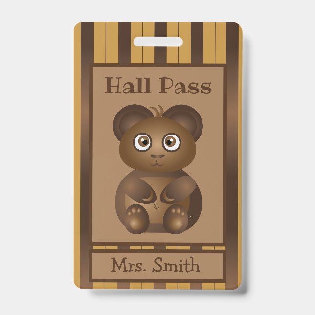 Brown bear kindergarten student hall pass badge (Front)