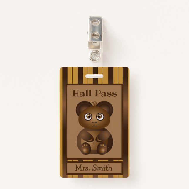Brown bear kindergarten student hall pass badge (Front with Clip)