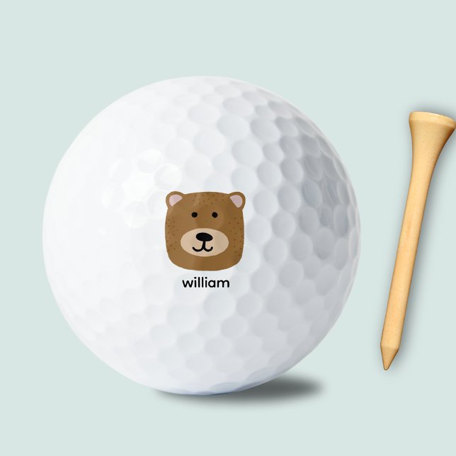Brown Bear name Golf Balls (Cute brown bear head golf ball.  Customize with your own name, initials of choice of text.)