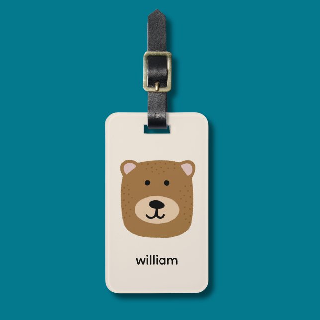 Brown Bear name Luggage Tag (Kids brown bear personalized luggage tag)