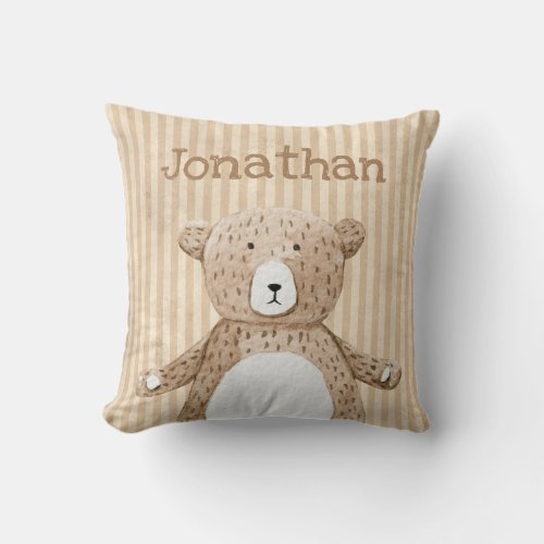 Brown Bear Name Rustic Stripe Nursery Throw Pillow