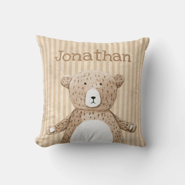 Brown Bear Name Rustic Stripe Nursery Throw Pillow (Front)