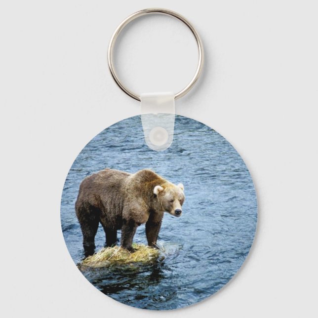 Brown bear on rock in river keychain (Front)