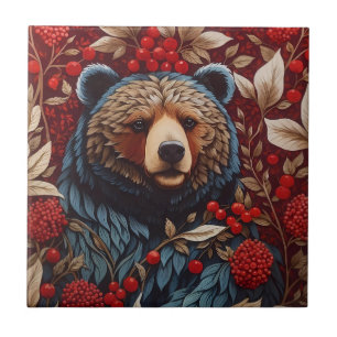 Brown Bear Red Berries William Morris Inspired Ceramic Tile