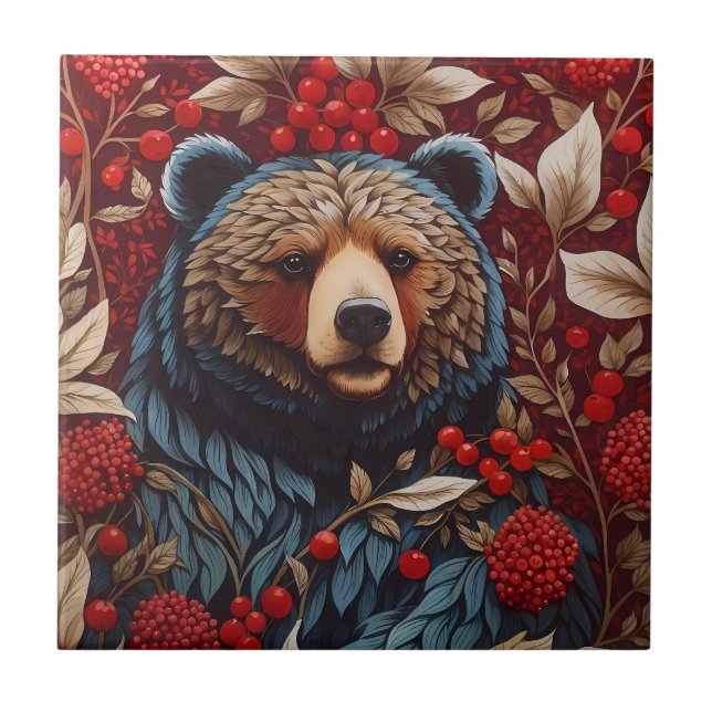 Brown Bear Red Berries William Morris Inspired Ceramic Tile (Front)