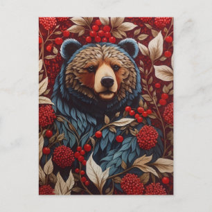 Brown Bear Red Berries William Morris Inspired Postcard