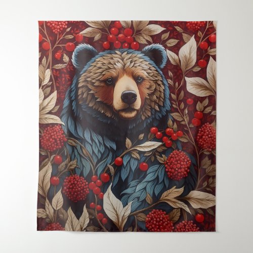 Brown Bear Red Berries William Morris Inspired Tapestry
