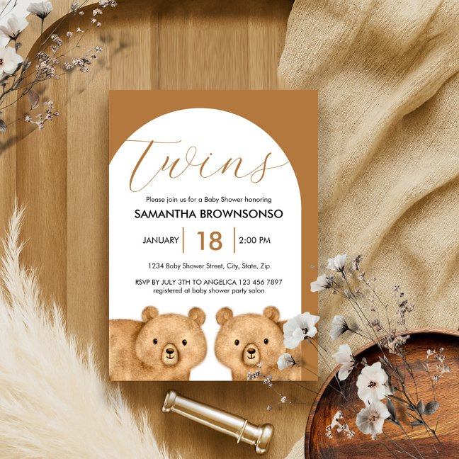 Brown Bear Twins Baby Shower Invitation