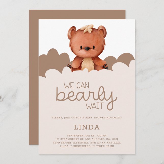 Brown Bear We Can Bearly Wait Baby Shower Invitation (Front/Back)