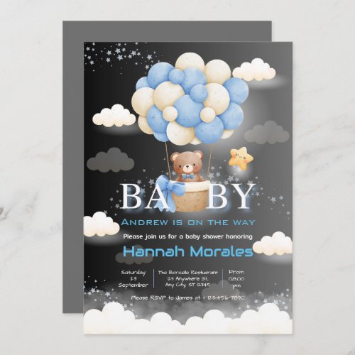 Brown Bear With Balloons Dual Color Baby Shower Invitation