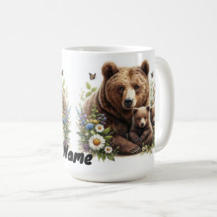 Brown Bear with Cubs in a Floral Meadow Coffee Mug