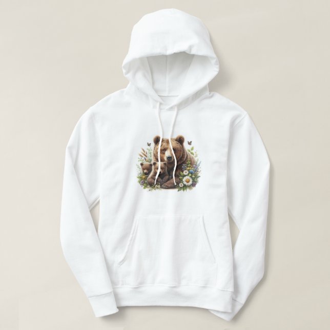 Brown Bear with Cubs in a Floral Meadow Hoodie (Design Front)