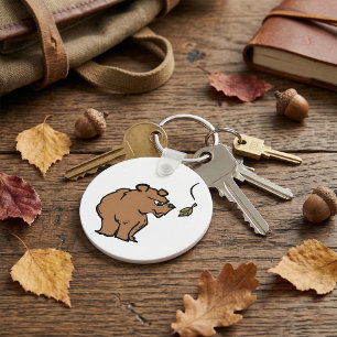 Brown Bear with Falling Autumn Leaf Cute Wildlife Keychain