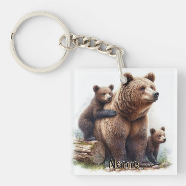 Brown Bear with Two Cubs Keychain (Front)