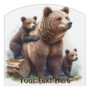 Brown Bear with Two Cubs Rustic Wildlife Door Sign