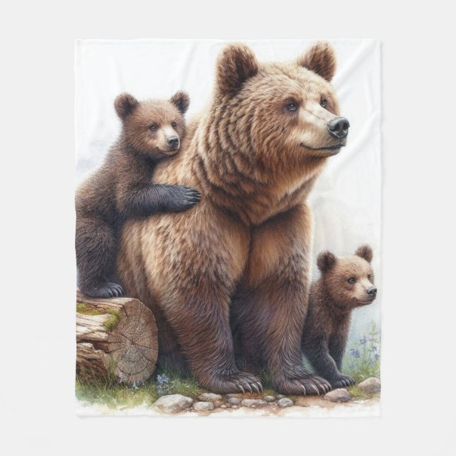 Brown Bear with Two Cubs Rustic Wildlife  Fleece Blanket (Front)