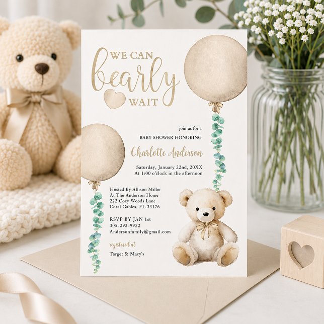 Brown Bearly Wait Baby Shower Invitation (Baby shower invitation with soft elegance)