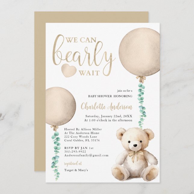 Brown Bearly Wait Baby Shower Invitation (Front/Back)