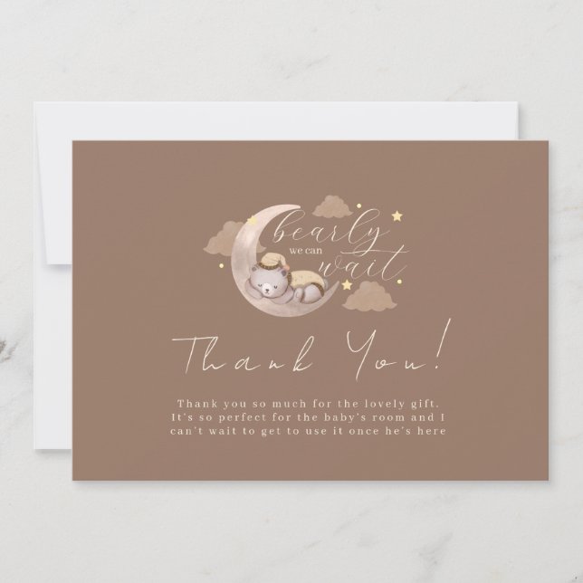 Brown Bearly Wait Cub Bear Moon Star Baby Shower Thank You Card (Front)