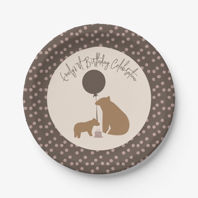 Brown Bears Balloon Cake First Birthday Party Paper Plates (Front)