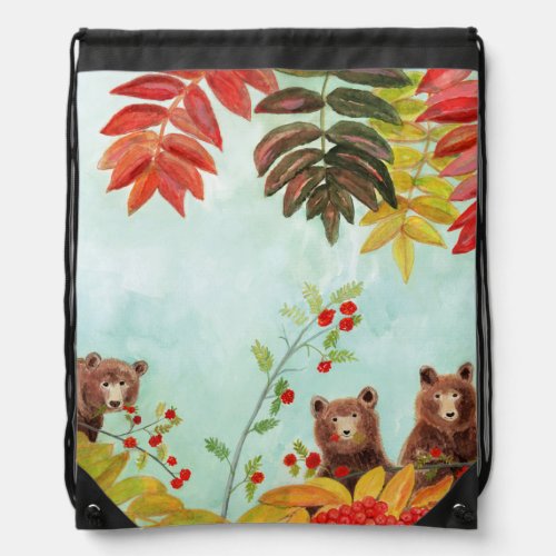 Brown Bears  Eating Red Rowan Berries   Drawstring Bag