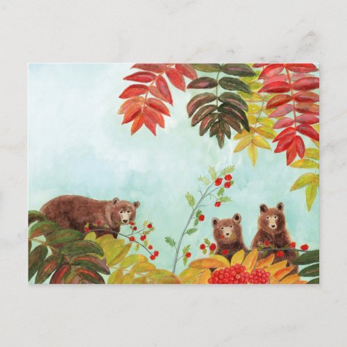 Brown Bears  Eating Red Rowan Berries  Holiday Postcard