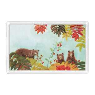 Brown Bears Eating Red Rowan Berries Set Acrylic Tray
