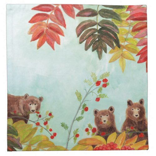 Brown Bears  Eating Red Rowan Berries Set   Cloth Napkin