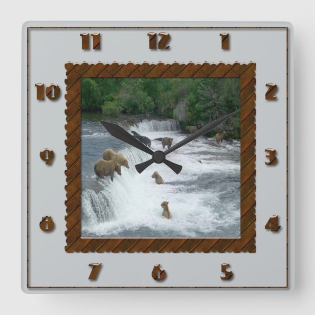 Brown Bears Fishing Square Wall Clock (Front)
