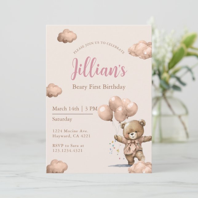Brown Beary First Birthday Girl Invitation (Standing Front)