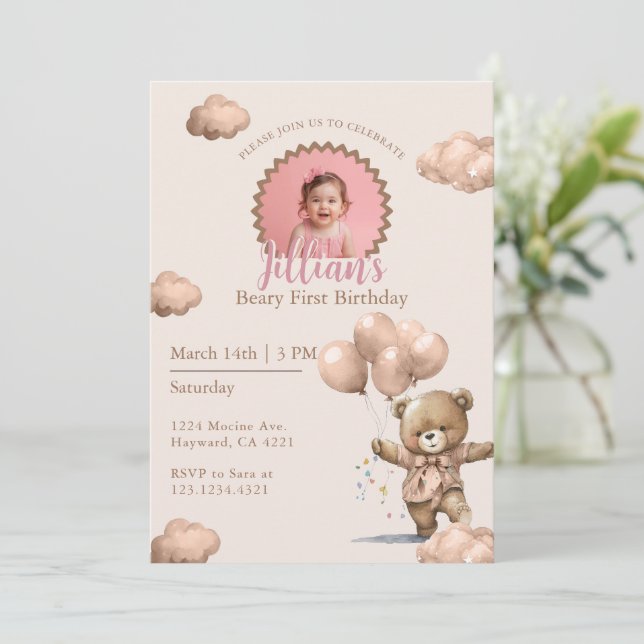 Brown Beary First Birthday Girl Photo Invitation (Standing Front)