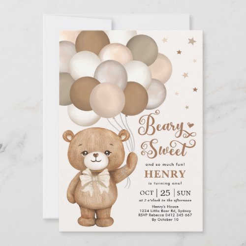 Brown Beary Sweet Teddy Bear Balloons Birthday Inv Invitation