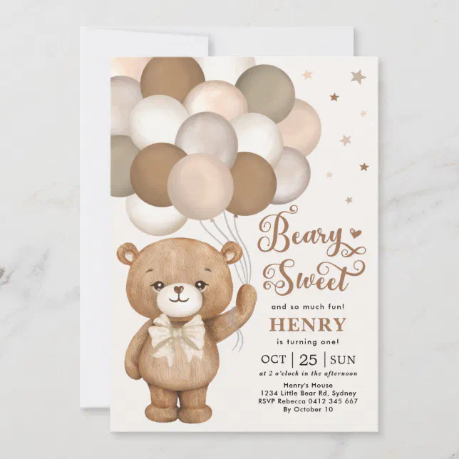 Brown Beary Sweet Teddy Bear Balloons Birthday Inv Invitation | Zazzle