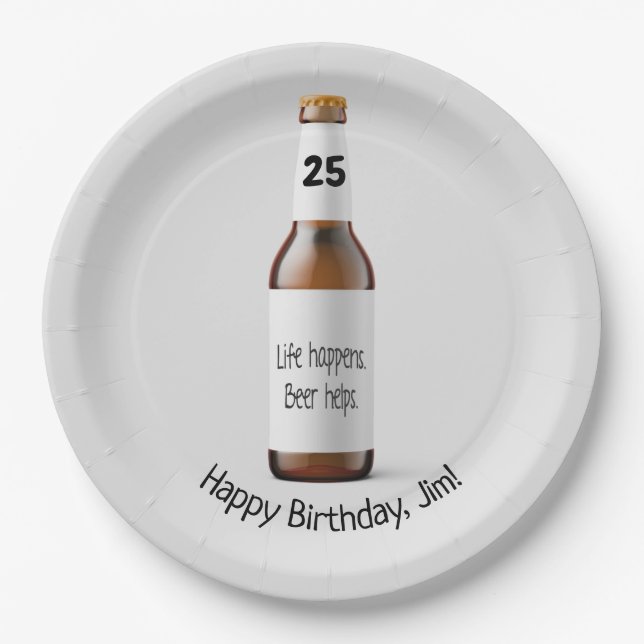 Brown beer bottle for 25th birthday paper plates (Front)