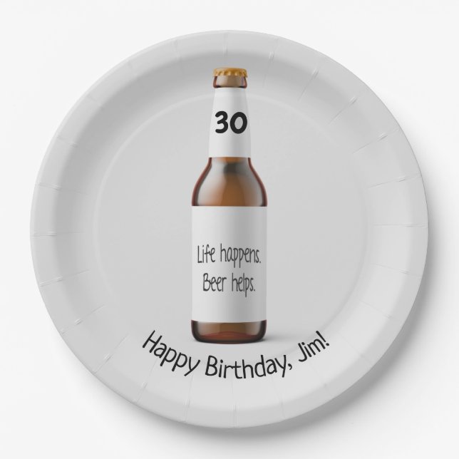 Brown beer bottle for 30th birthday paper plates (Front)