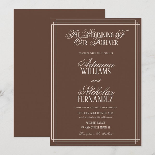 Brown Beginning Of Our Forever Timeless Wedding Invitation (Front/Back)