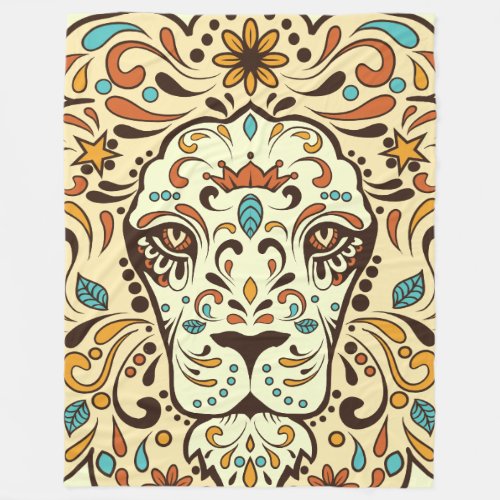 Brown Beige And Beige Floral Lion Head Fleece Blanket