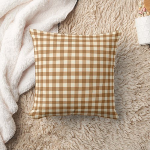 Brown Beige and White Gingham Plaid Pattern  Throw Pillow