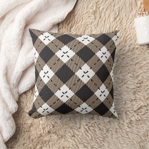 Brown beige and white plaid pattern throw pillow | Zazzle