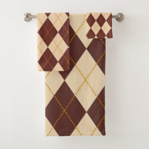 Brown Beige Autumn Fall Argyle Diamond Pattern  Bath Towel Set