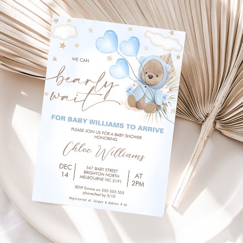 Brown Beige Bear Balloons Stars Baby Shower Invitation