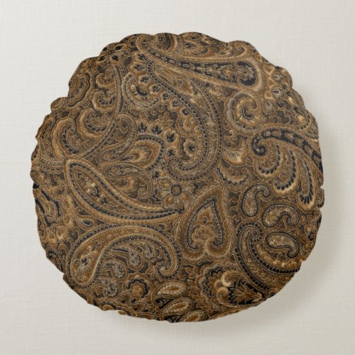 Brown Beige  Black Floral Paisley Pattern Round Pillow