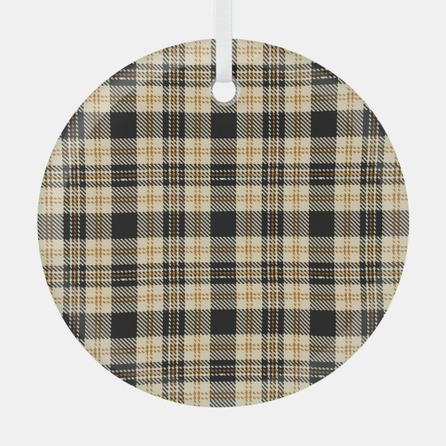 Brown Beige Black Plaid Pattern Glass Ornament (Front)