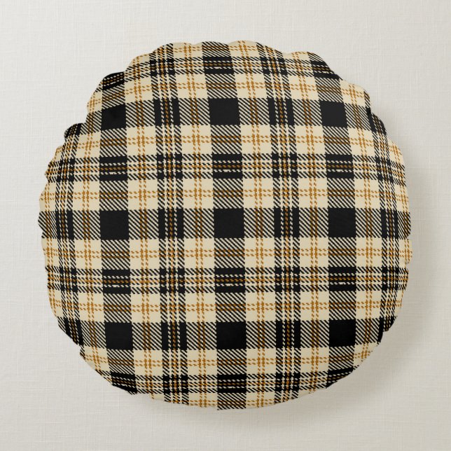 Brown Beige Black Plaid Pattern Round Pillow (Front)