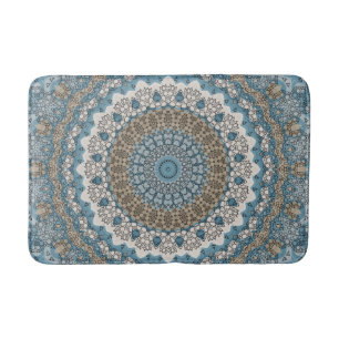 Brown Beige Blue Gray Mandala Medallion Bath Mat
