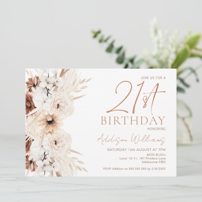 Brown Beige Boho Floral 21st Birthday Invitation (Standing Front)