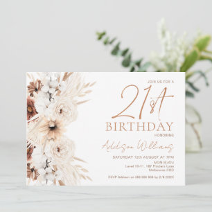 Brown Beige Boho Floral 21st Birthday Invitation